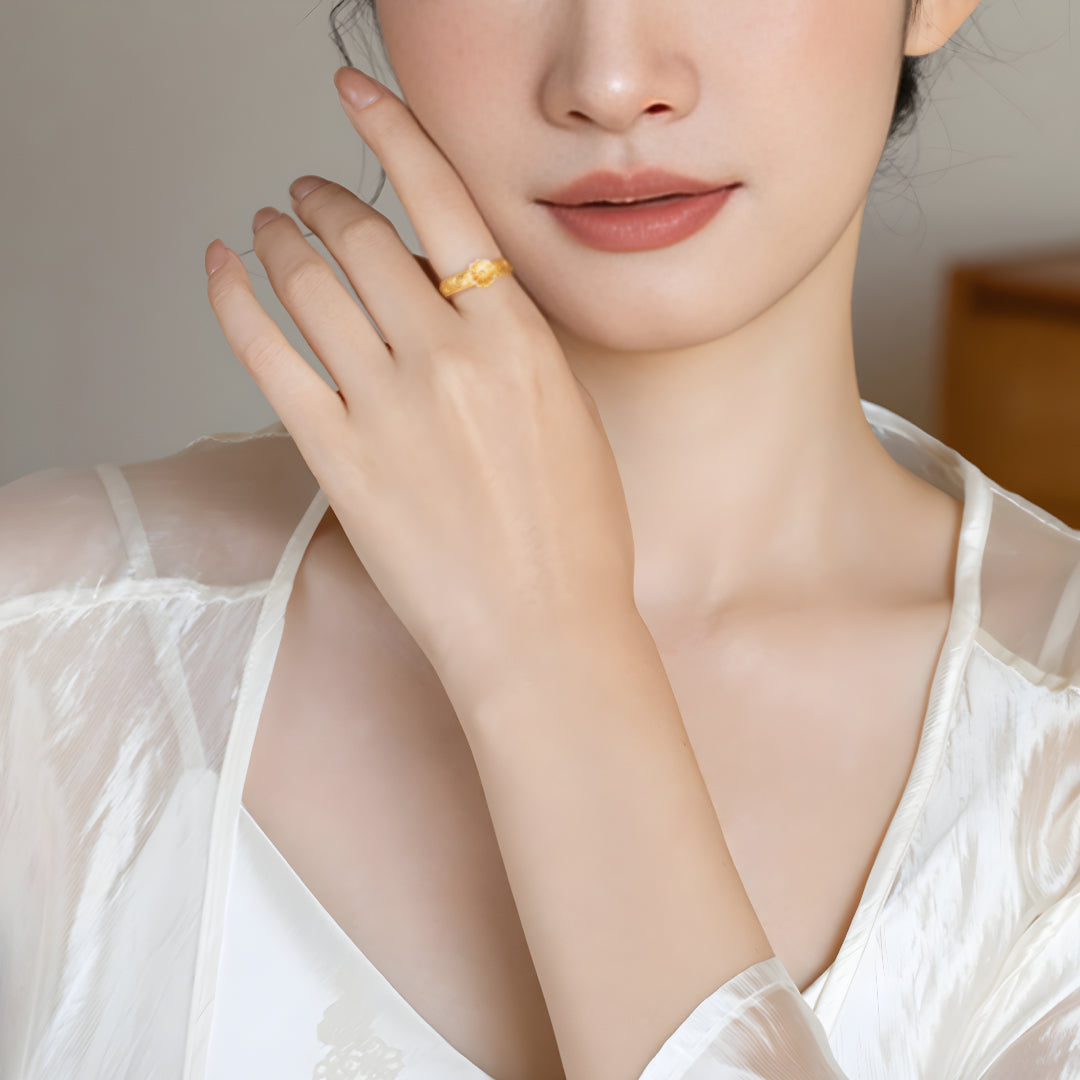 24k Gold Mulberry Flower Pattern Vintage Style Totem Ring - Gypsophila Co.