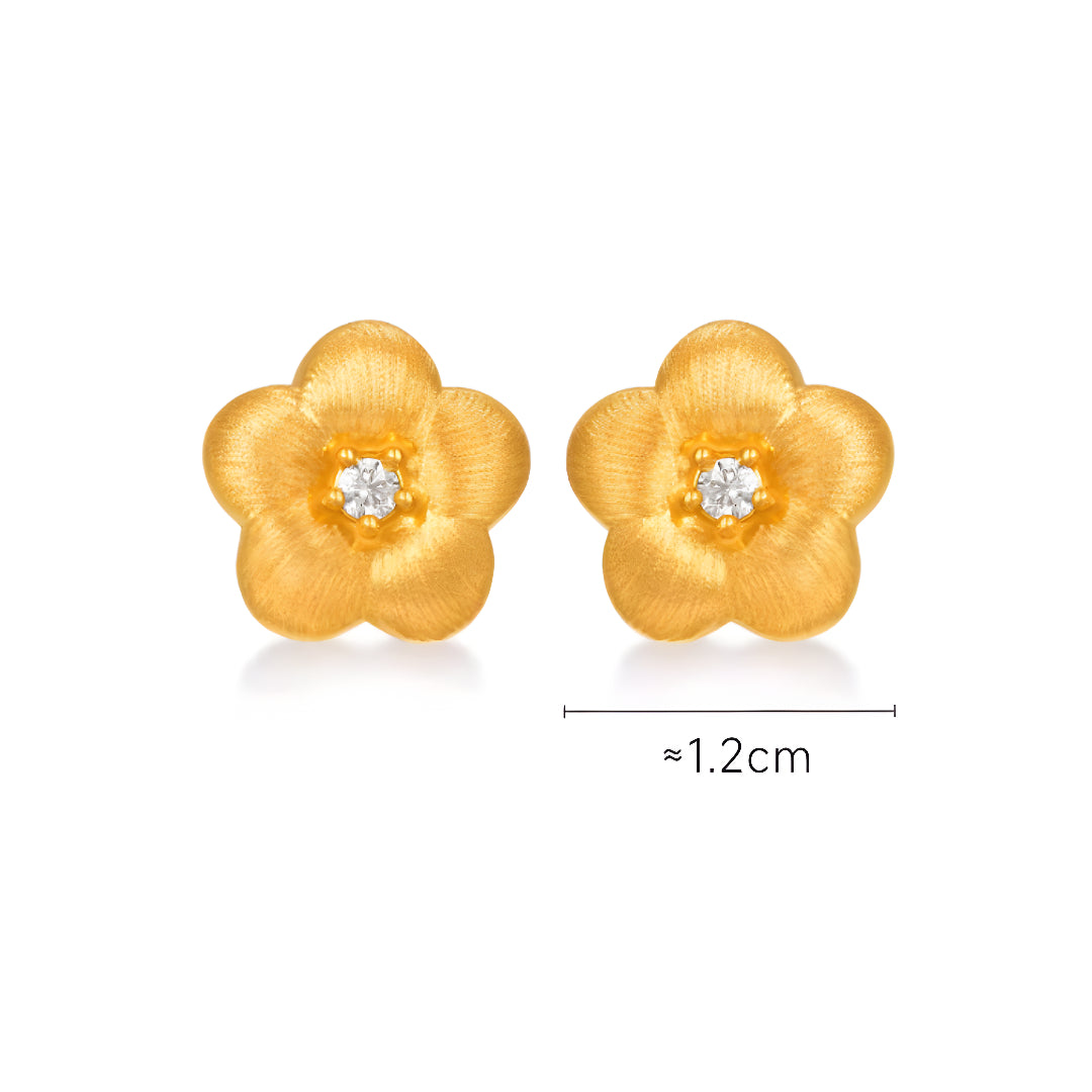 24K Golden Moissanite Flower Gold Stud Earrings And Flower Pendant 5D Retro Brushed Pattern