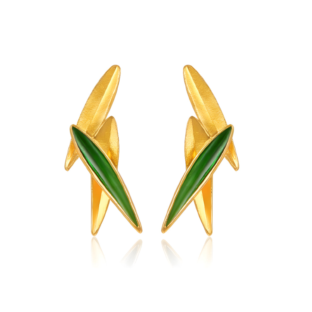 24k Pure Gold Green Enamel Bamboo Leaves Elegant Stud Earrings - Gypsophila Co.