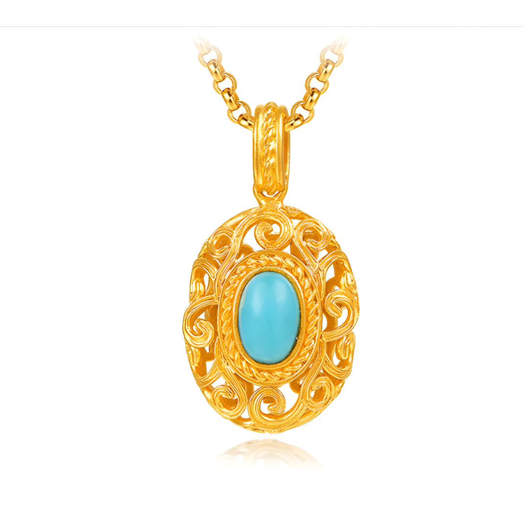 24K Gold Retro Rococo Style Oval Turquoise Pendant - Gypsophila Co.