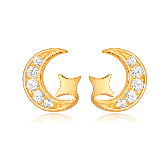 18K Pure Gold Zircon Moon and Star Romantic Stud Earrings - Gypsophila Co.