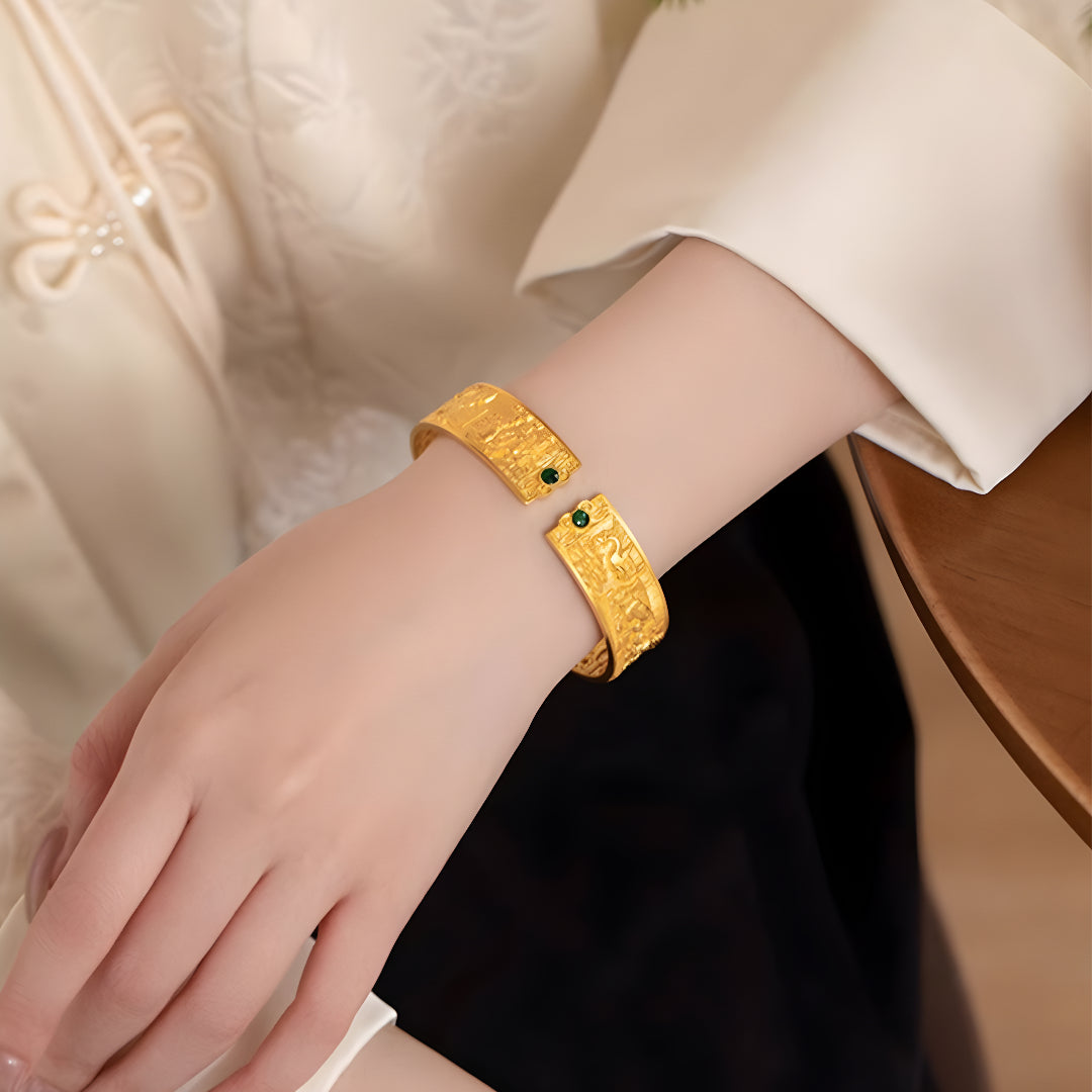 24K Along the River During the Qingming Festival Hand-carved Ancient Style Gold Bracelet