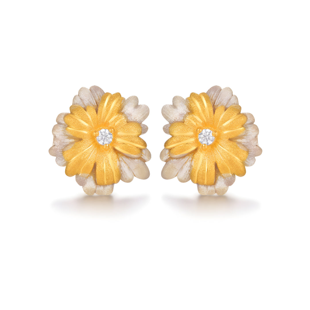 24K Pure Gold Daisy Flower Double color Zircon Elegant Stud Earrings