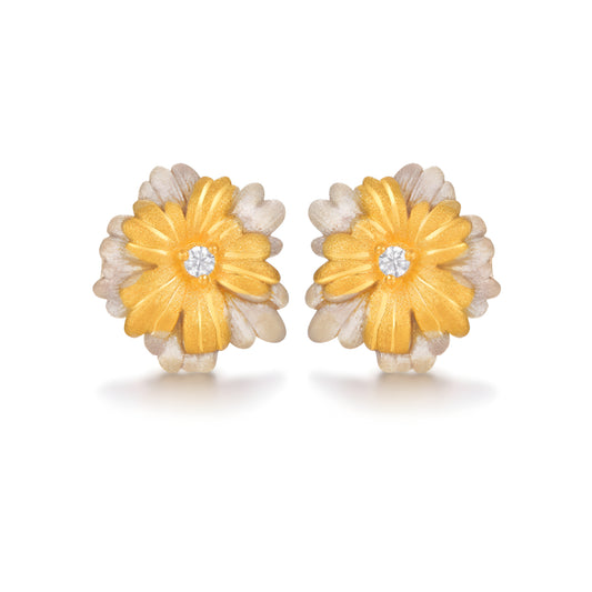 24K Pure Gold Daisy Flower Double color Zircon Elegant Stud Earrings