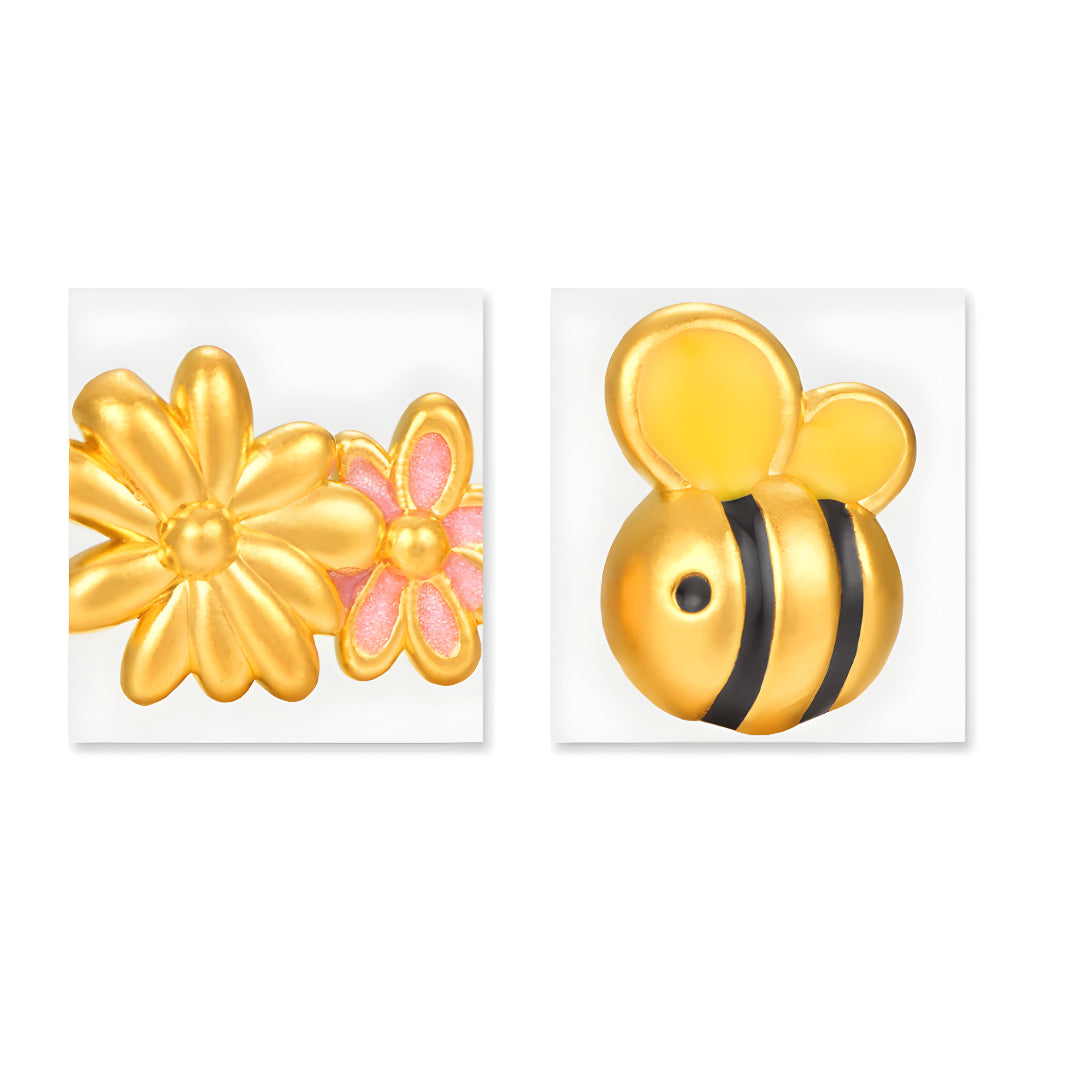 24K Real Gold Cute Playful Flower and Honey Bee Asymmetrical Stud Earrings - Gypsophila Co.