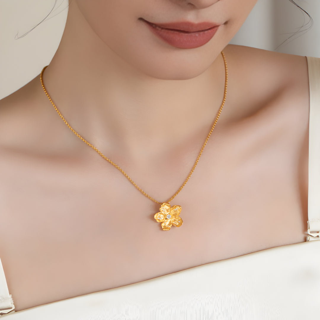24K Pure Gold 5D Stylish Brushed Gold Flower Pendant - Gypsophila Co.