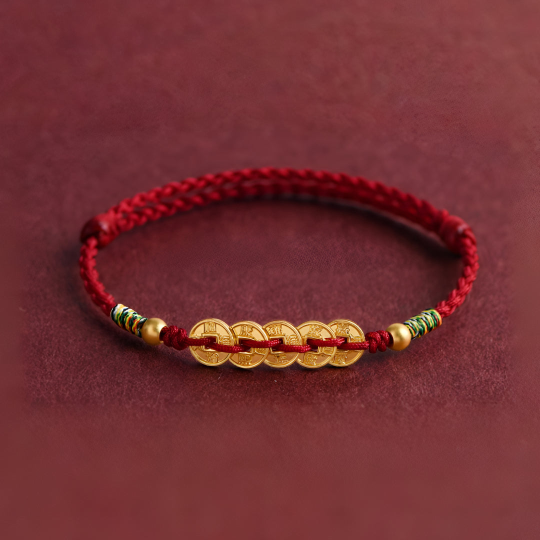 24k Solid 999 Gold Five Emperors Coins Red Rope Bracelet for Men and Women Blessing and Peace Braided Bracelet