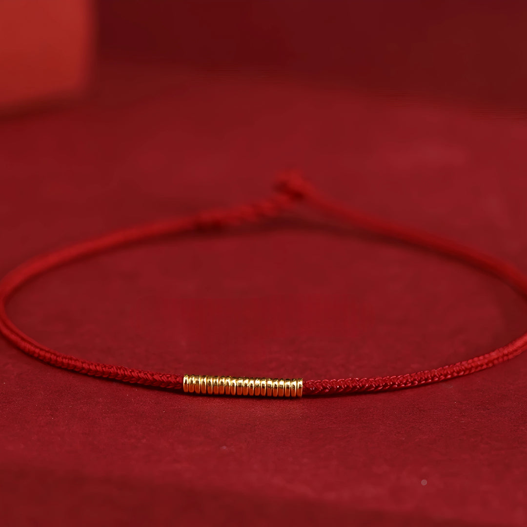 24k Solid 999 Gold Blessing Hoop Beads with Thin Red String Braided Rope Bracelet Minimal Minimalist Style