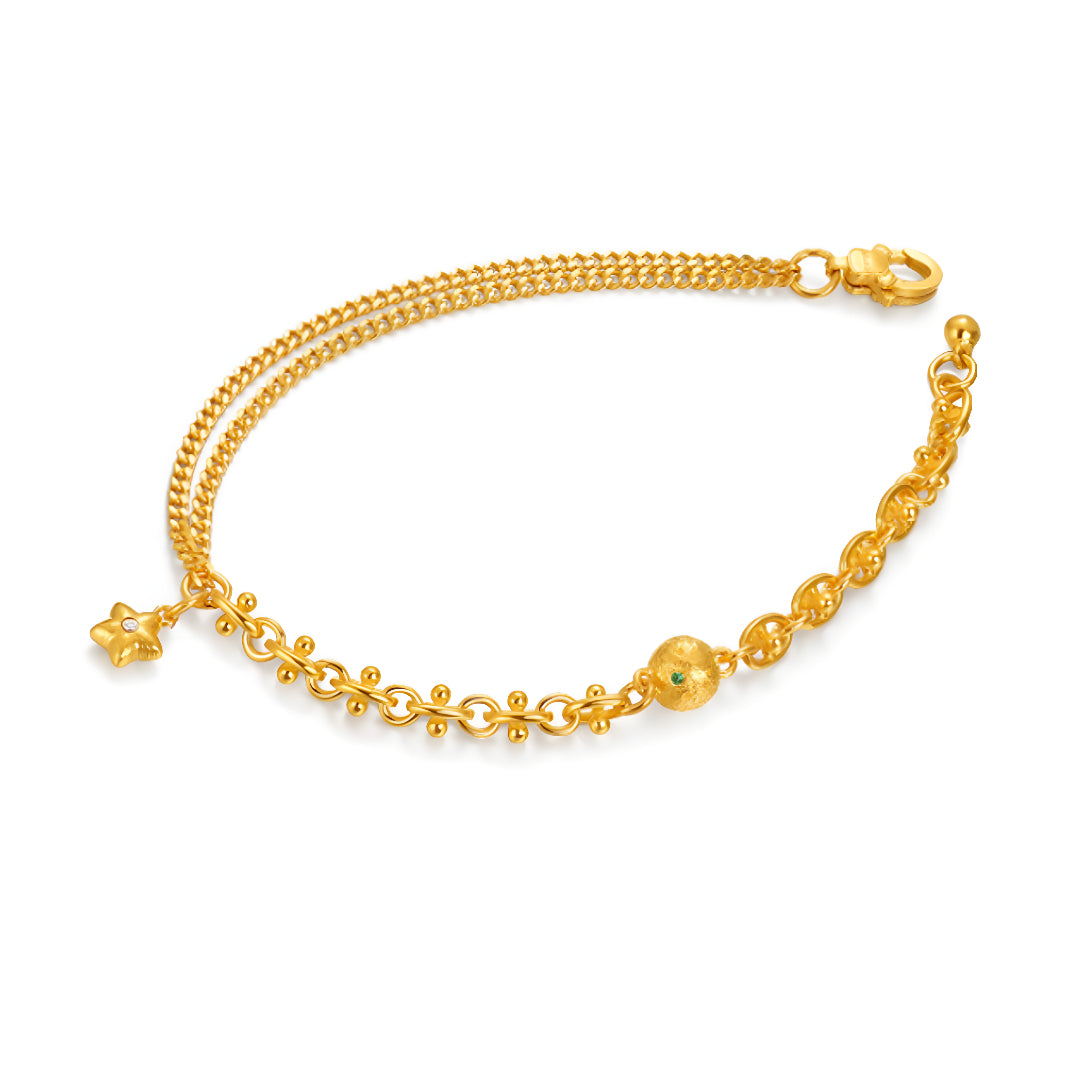 24K Pure Gold Moissanite Star and Planet Charm Fairy Tale Double Chain Bracelet - Gypsophila Co.