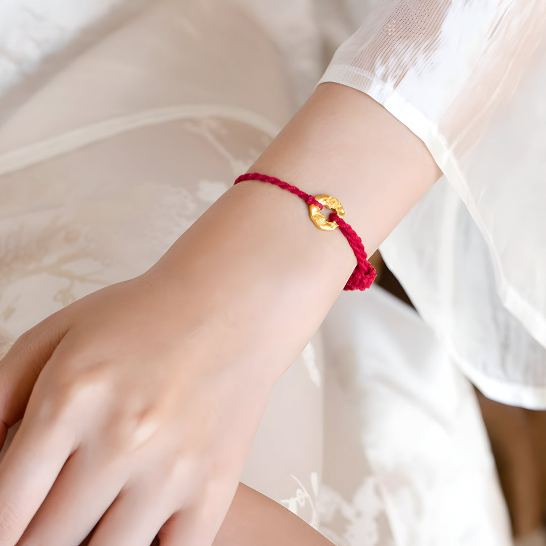 24K Treasure Gourd Solid Gold Pendant Red Rope Braided Bracelet Handmade Auspicious Words Pendant