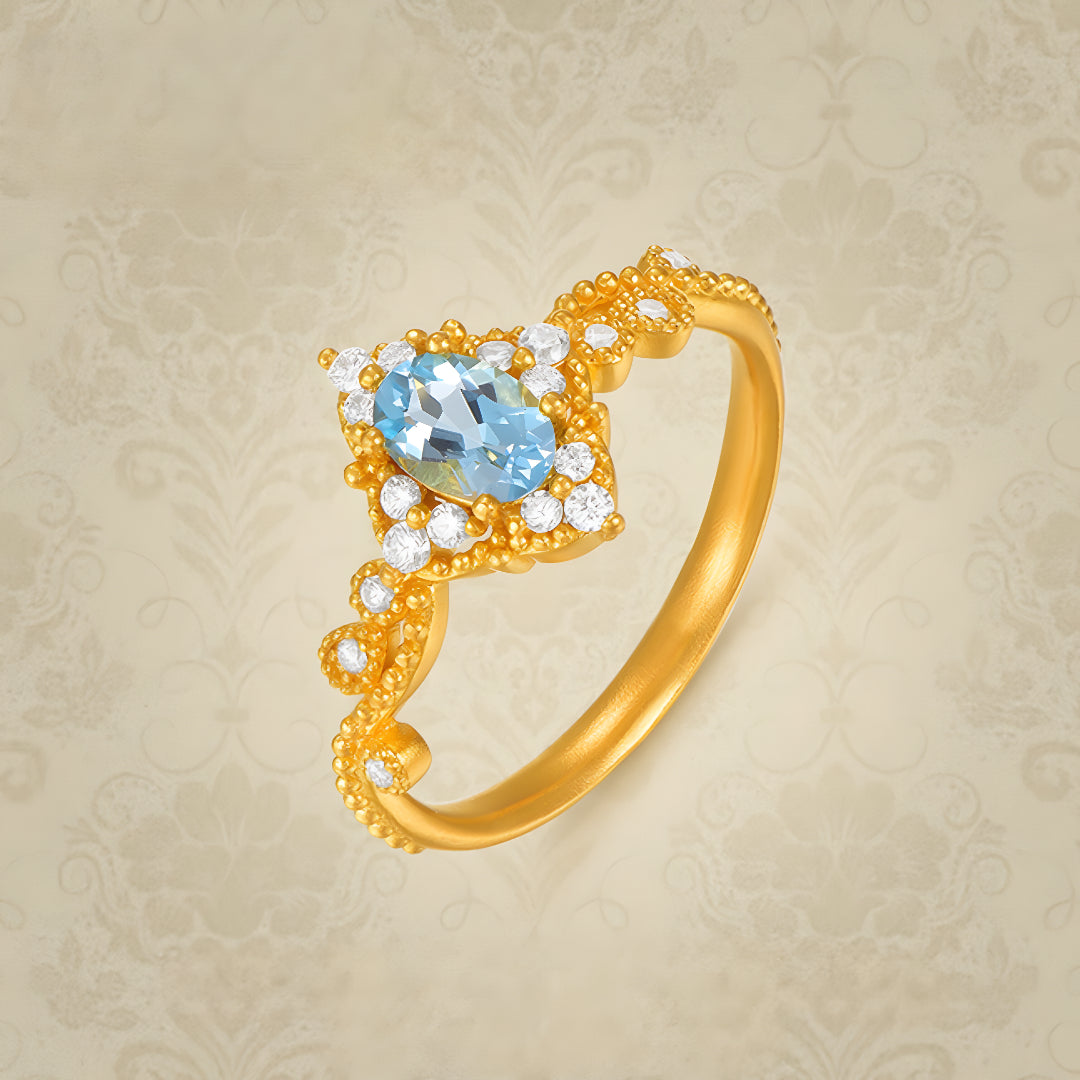 24K Real Gold Blue Water Drop Topaz Moissanite Rococo Style Proposal Ring - Gypsophila Co.