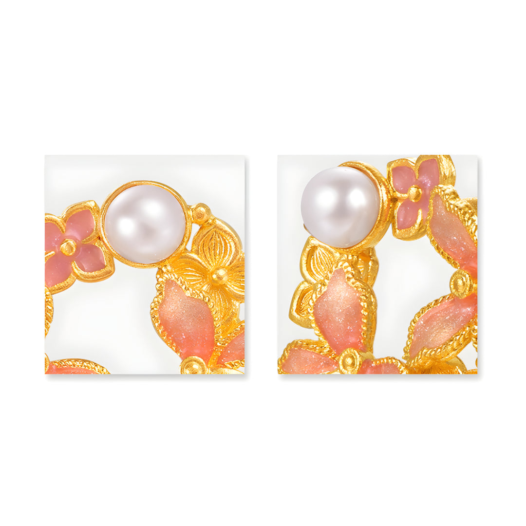 24k Real Gold Dancing Butterfly Pink Enamel Pearl Stud Earrings - Gypsophila Co.