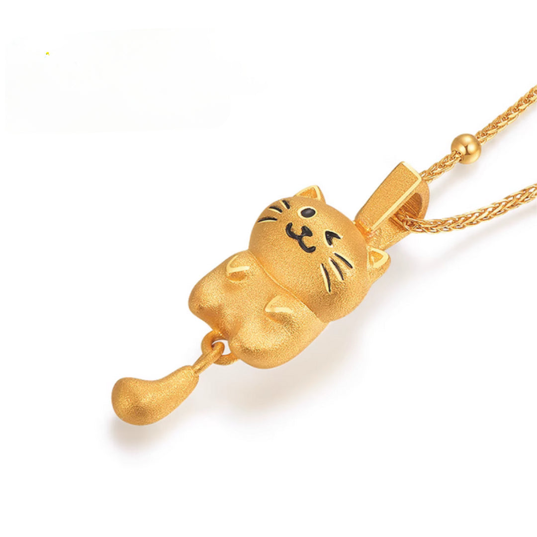 24K Pure Gold Playful Enamel Kitty Cat wiggle Tail Pendant