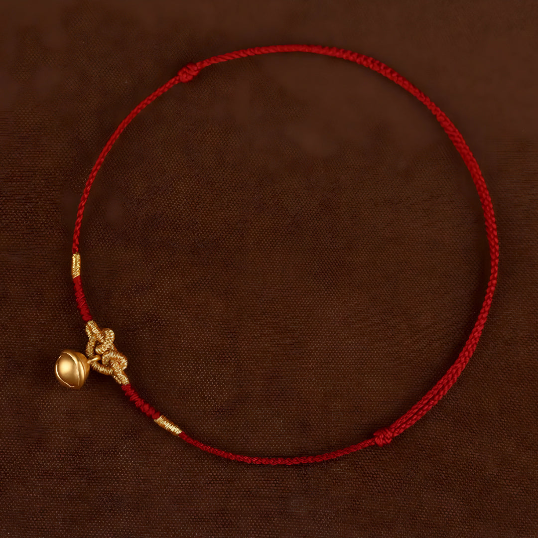 24k Solid 999 Gold Bell Charm Fine Woven Ultra-thin 3D Hard Gold Red Rope Braided Bracelet and Anklet