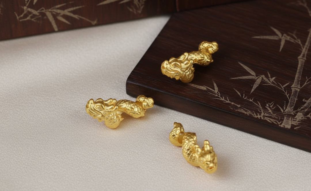 24K 999 Pure Gold 3D Hard Gold Zodiac Dragon entwined around Pillars Good Luck Charm D.I.Y Pendant