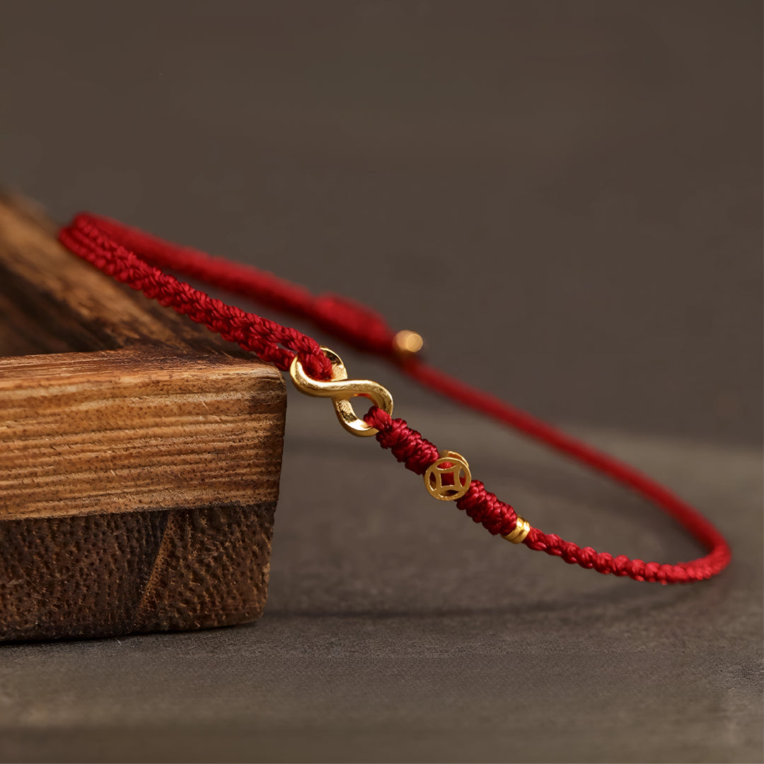 24k Solid 999 Gold Blessing Infinity Loop Pendant with Red String Braided Rope Bracelet and Anklet for Good Luck