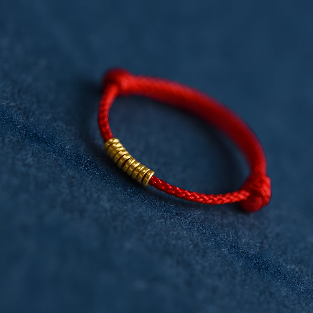 24k Solid 999 Gold Lucky Beads Red Rope Braided Adjustable Stacking Ring Minimal Style