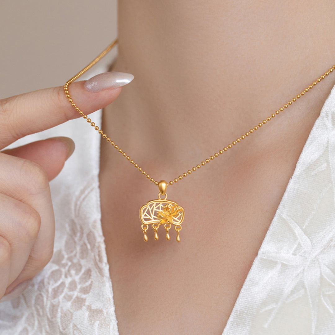 24K Pure Earrings Anicent Style Window Art Lotus Pendant - Gypsophila Co.