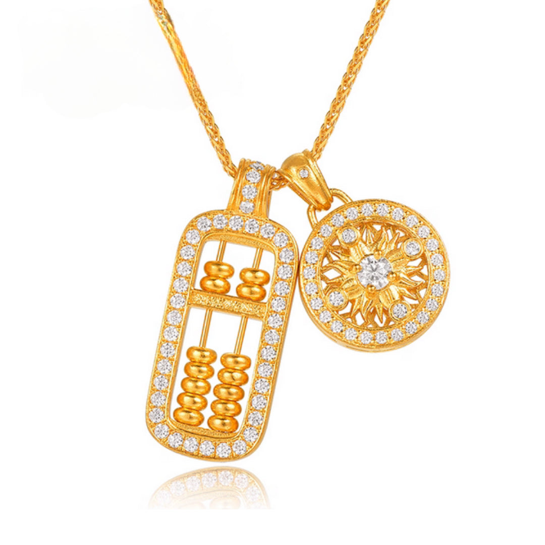 24K Real Gold Round Zircon Sunflower Pendant and Abacus Beads Pendant - Gypsophila Co.