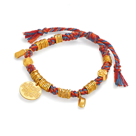 24K Pure Gold Dunhuang God of Wealth Gold Pendant Braided Rope Bracelet - Gypsophila Co.