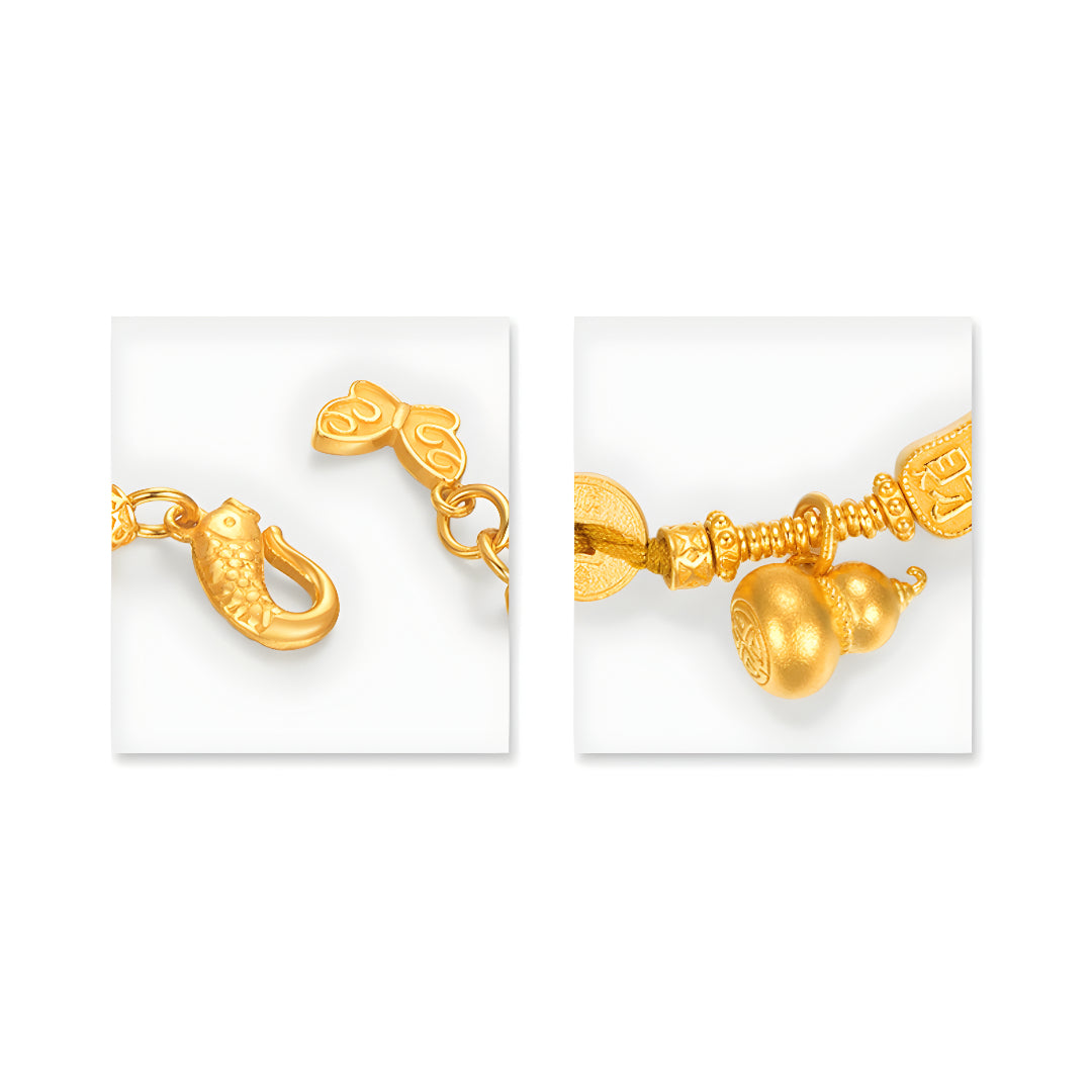 24K Real Gold Five Elements Blessing Coin Bring Wealth Gourd Gold Bracelet