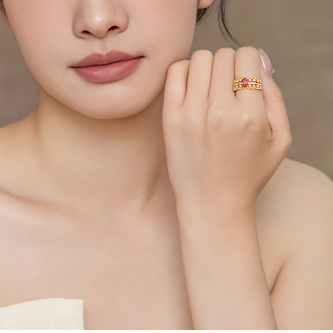 24K Pure Gold Two Rings Detachable Mix and Match D.I.Y Red Zircon Stacking Propsal Wedding Bride Ring - Gypsophila Co.