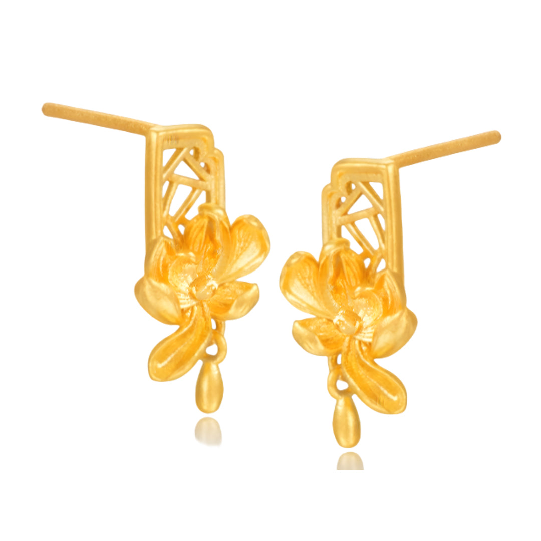 24K Pure Earrings Anicent Style Window Art Lotus Stud Earrings - Gypsophila Co.