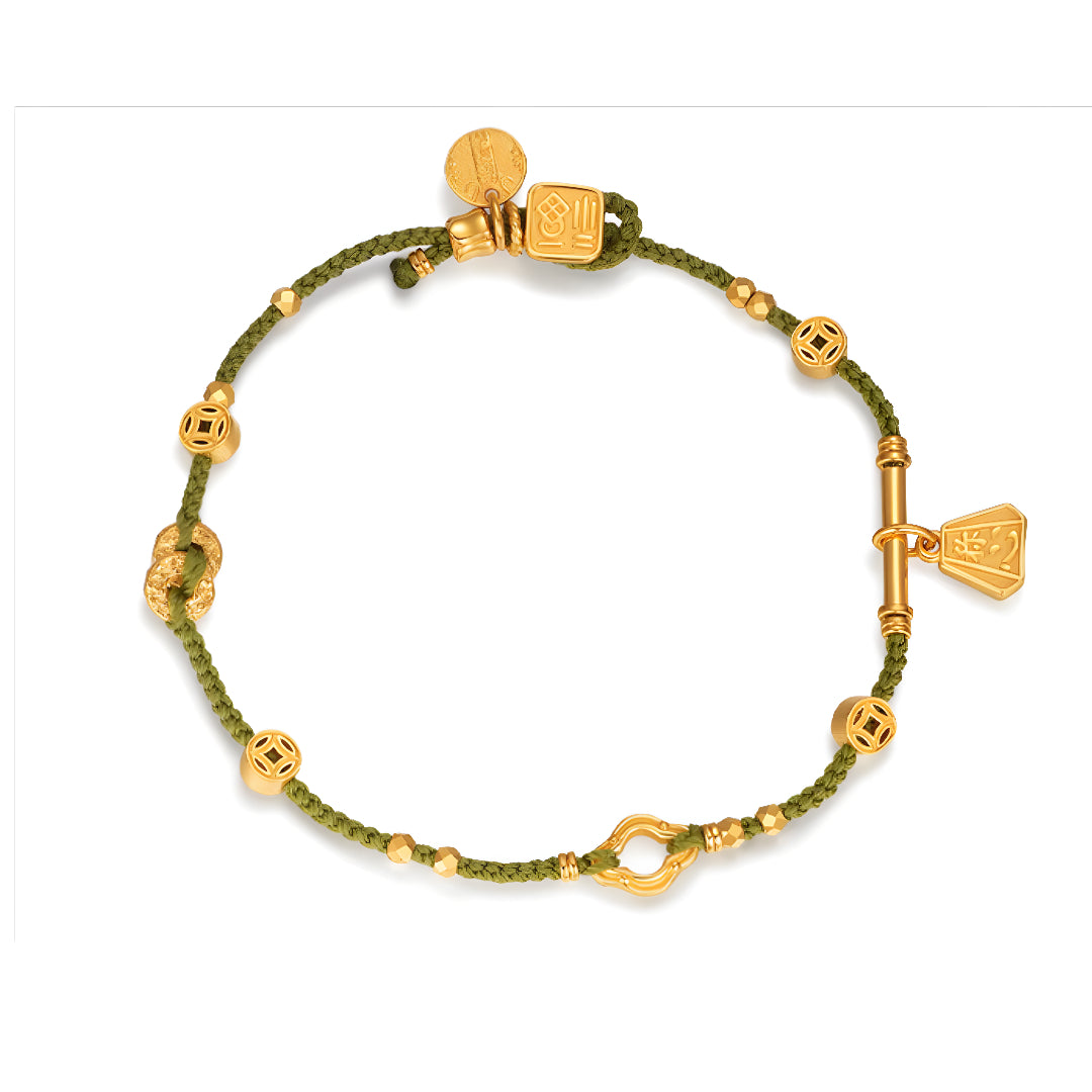 24K Real Gold beads Charms Blessing Bell Lucky Green Tea rope string Braided bracelet
