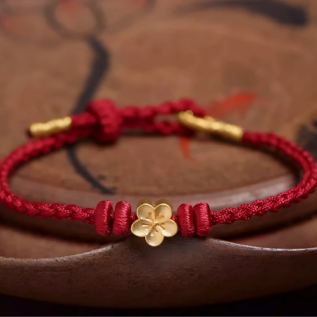 24k Solid 999 Gold Cherry Blossom Flower Red Rope Braided Bracelet