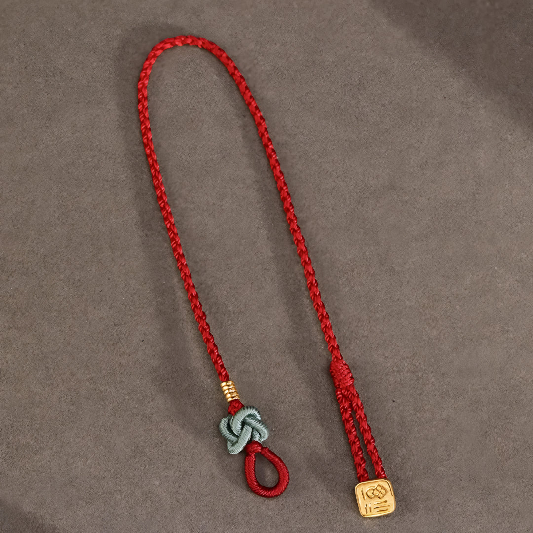 24k Solid 999 Gold Chinese Word Fu Blessing Pendant with Red String Braided Rope Bracelet for Good Luck