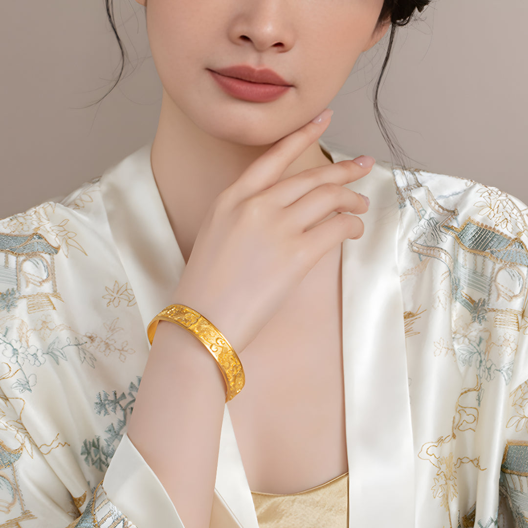 24K Pure Gold Engraving Bird and Cherry Blossom Flower Bangle Bracelet - Gypsophila Co.