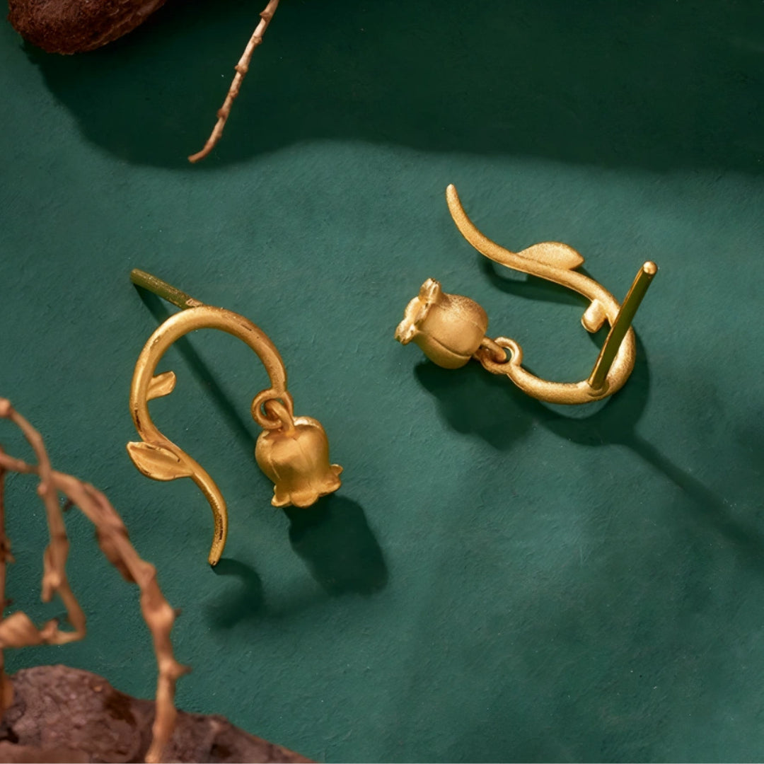 24K 999 Pure Gold Lily Flower Stud Earrings
