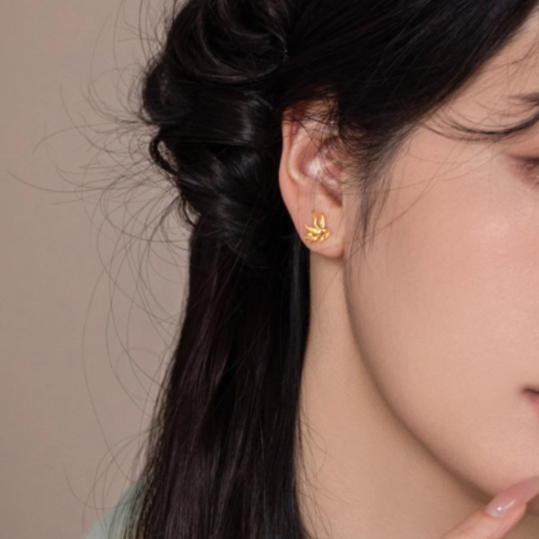 24K Real Gold Bird Swallow Peace Leaf Stud Earrings