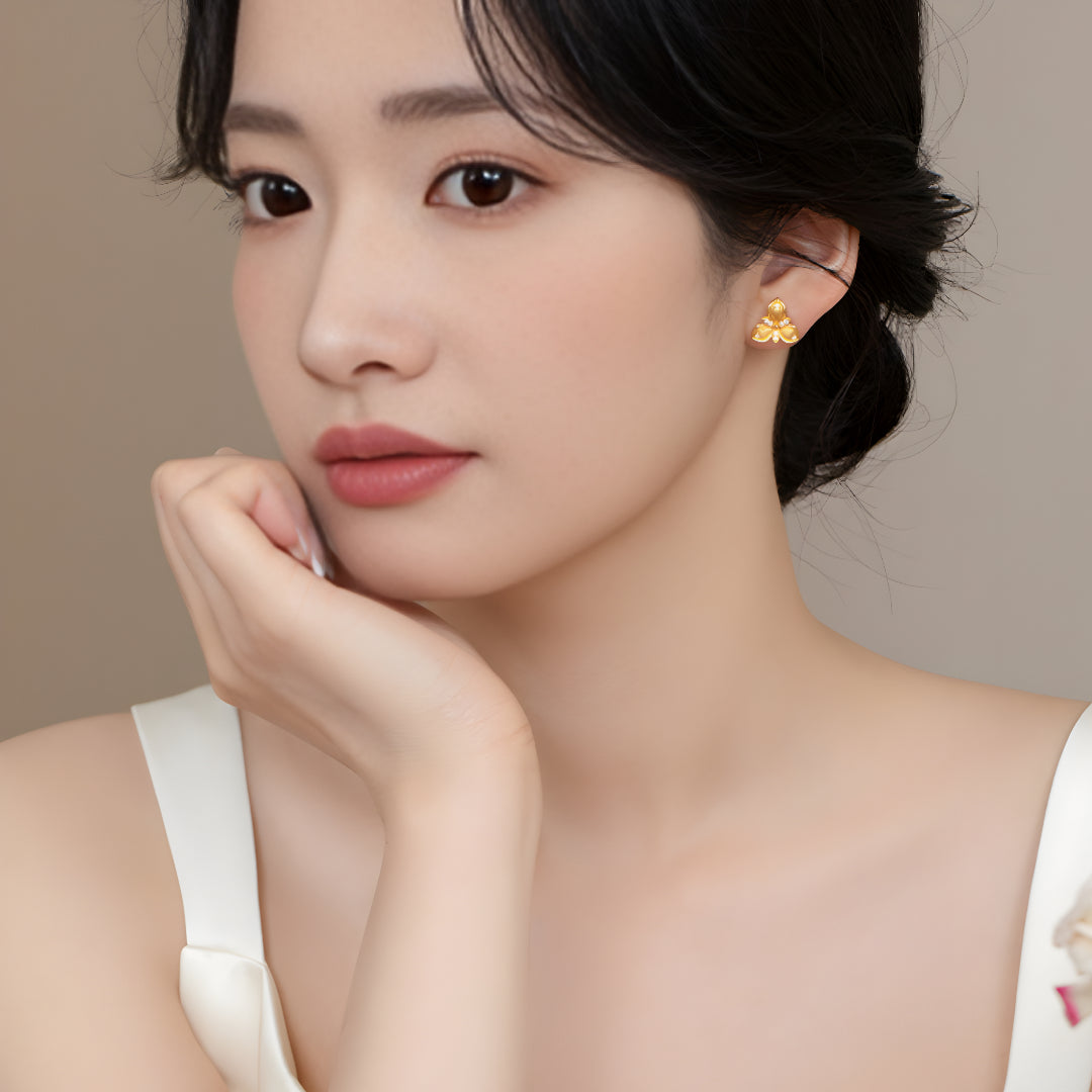 24K Real Gold Clover Flower 5D Hard Gold Brushed Surface Stud Earrings - Gypsophila Co.