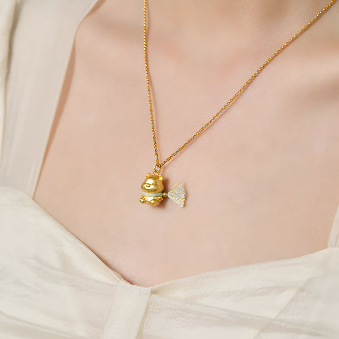 24K Real Gold Cute Bear with Scarf Pendant - Gypsophila Co.