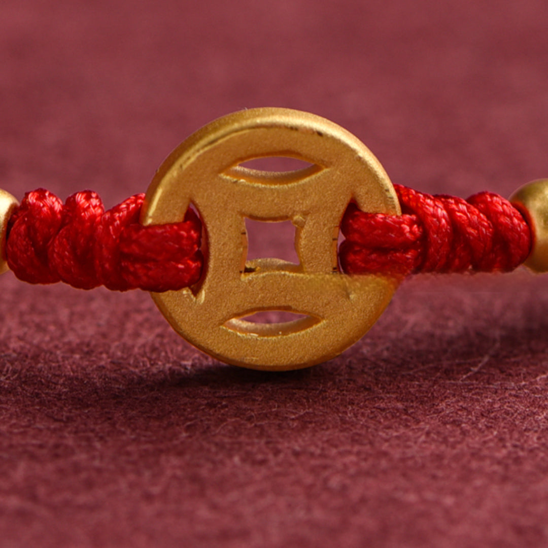 24k Solid 999 Gold Chinese Coin Red Rope Bracelet for Men and Women Blessing and Bring Wealth Braided Bracelet
