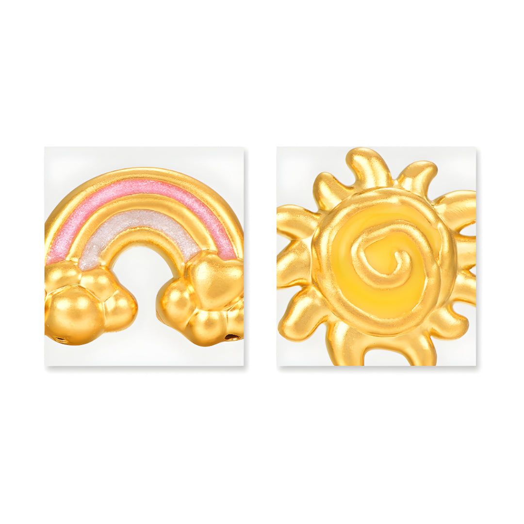 24K Real Gold Cute Playful Sun and Rainbow 5D Hard Gold Enamel Asymmetrical Stud Earrings - Gypsophila Co.
