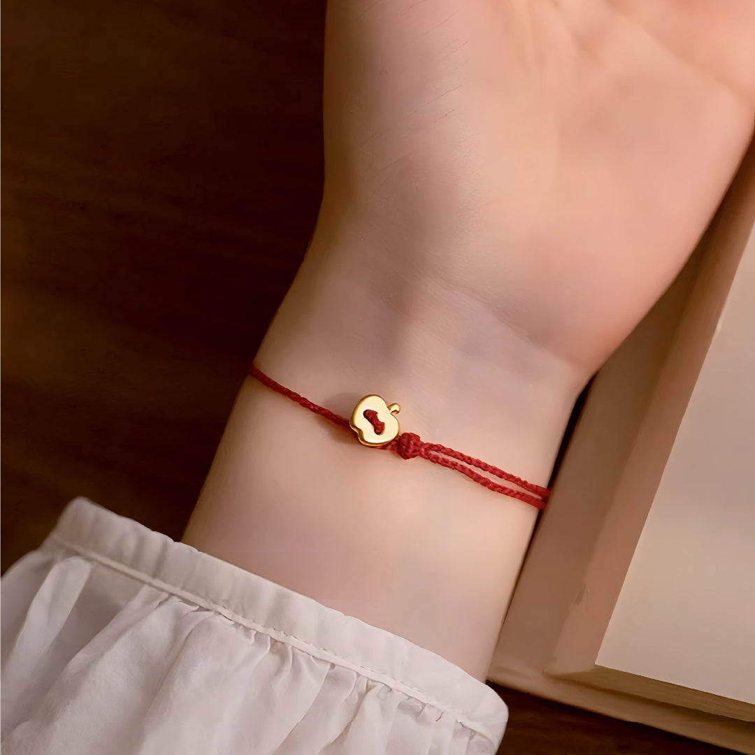 24k Pure 999 Gold Star Cat Dog Deer Apple Charm with Red Rope Bracelet