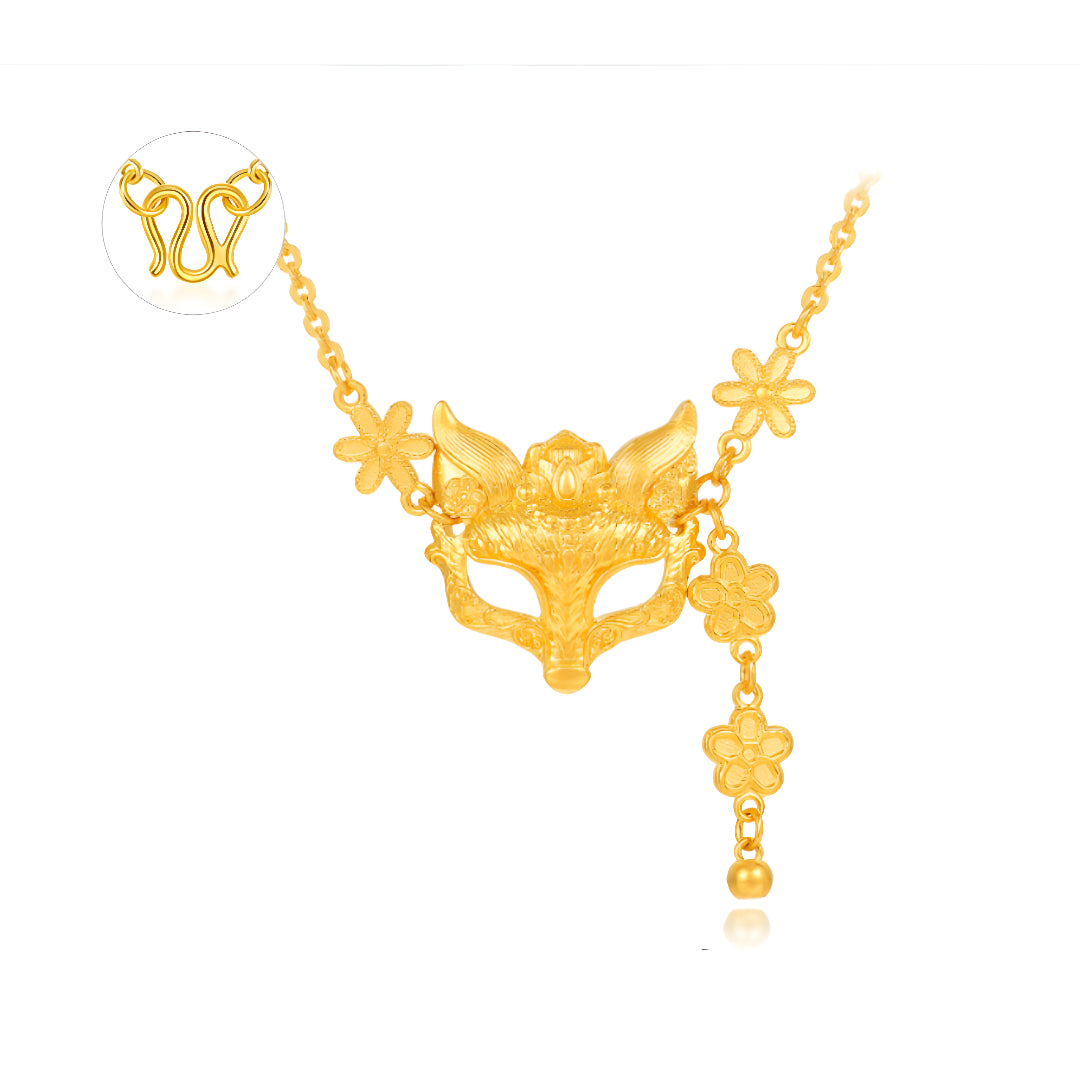 24K Pure Gold Peach Blossom Flower Fox Mask Charm Necklace - Gypsophila Co.