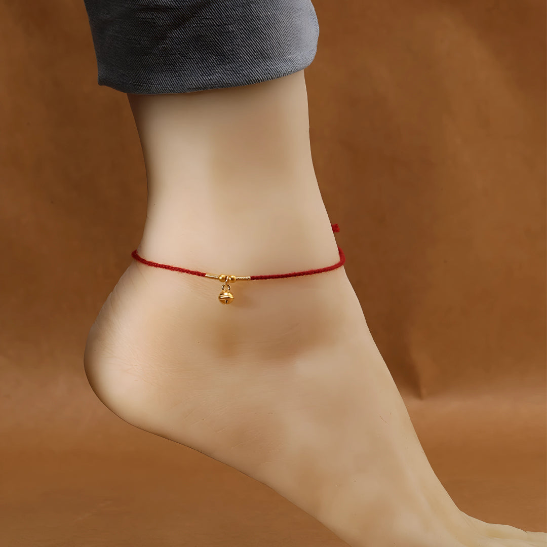 24k Solid 999 Gold Bell Charm Pendant with Red String Braided Rope Bracelet and Anklet Good Fortune