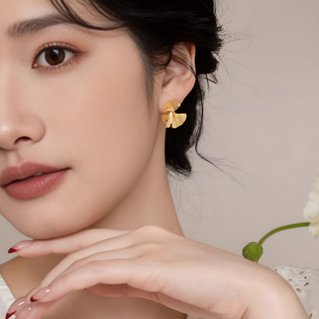 24K Pure Gold Ginkgo Biloba Leaf Earrings