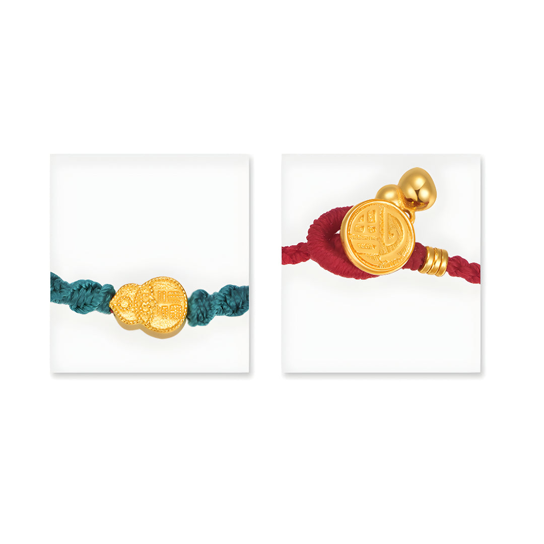 24K Real Gold Lucky Gourd with Red Braided Rope Bracelet