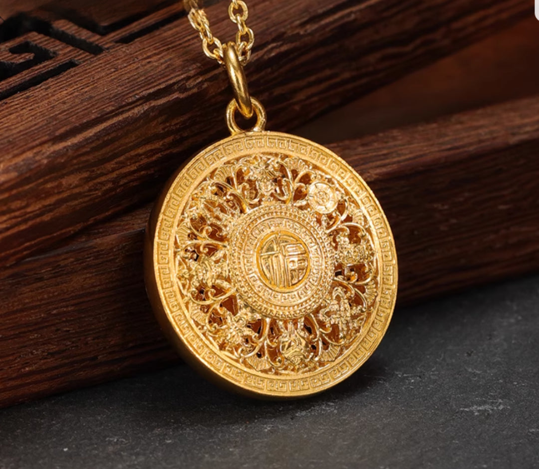 24K Round Compass Fortune Blessing Gold Pendant - Gypsophila Co.