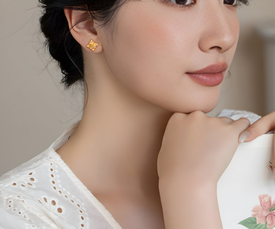 24K Pure Gold Flower 5D Retro Style Stud Earrings - Gypsophila Co.