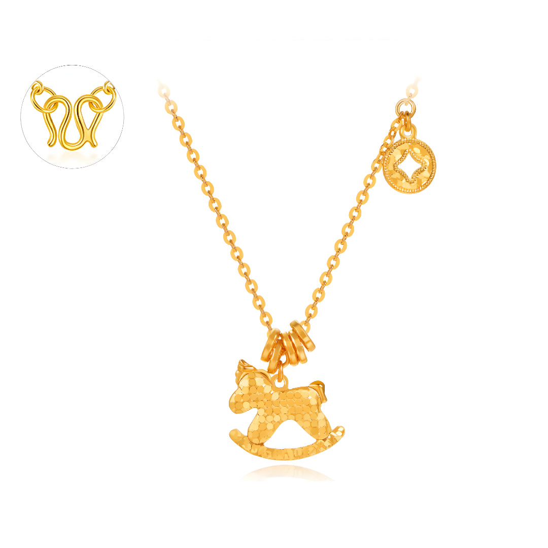 24K Pure Gold 5G Gold Pendant Trojan Rocking Horse with Necklace Bring Wealth - Gypsophila Co.