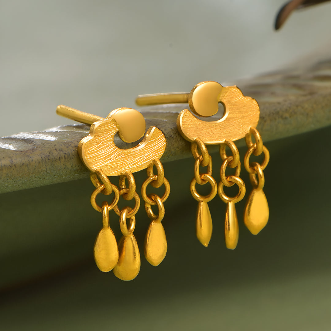 24K Real Gold Clouds and Raindrops Stud Earrings