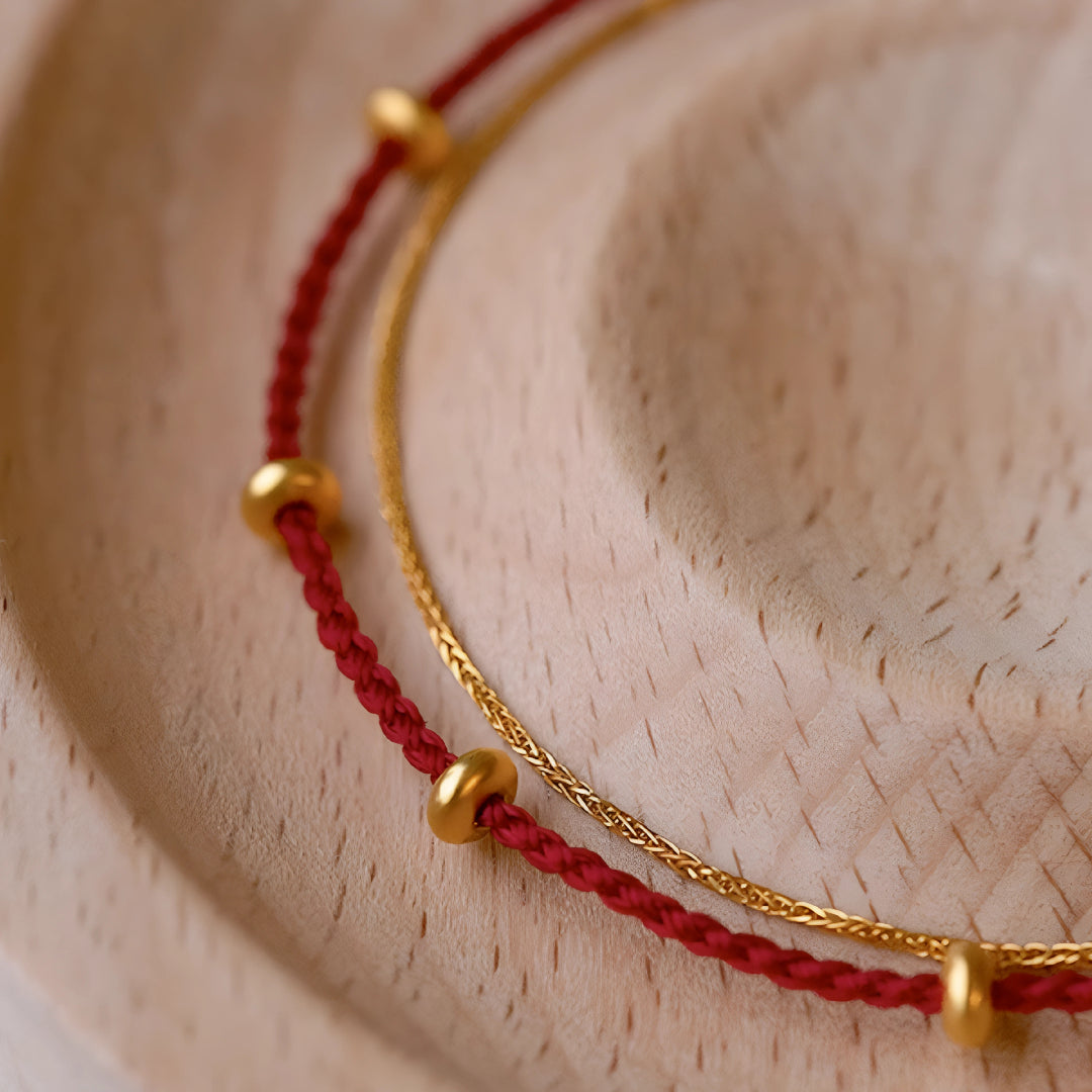 24k Pure 999 Gold Braided red Rope Gold Chain Double Dual Layer Bracelet