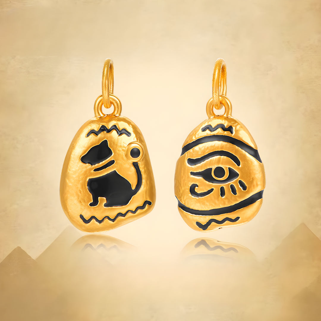 24K Real Gold Ancient Egyptian Cat and Eye of Horus Enamel 5D Gold Pendant