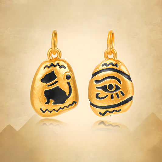 24K Real Gold Ancient Egyptian Cat and Eye of Horus Enamel 5D Gold Pendant