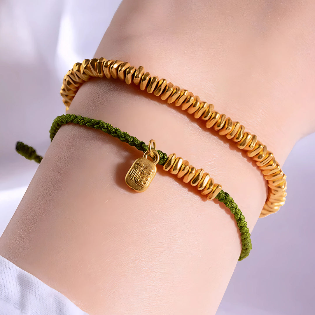 24k Pure 999 Gold Lucky Beads with Red Rope Bracelet